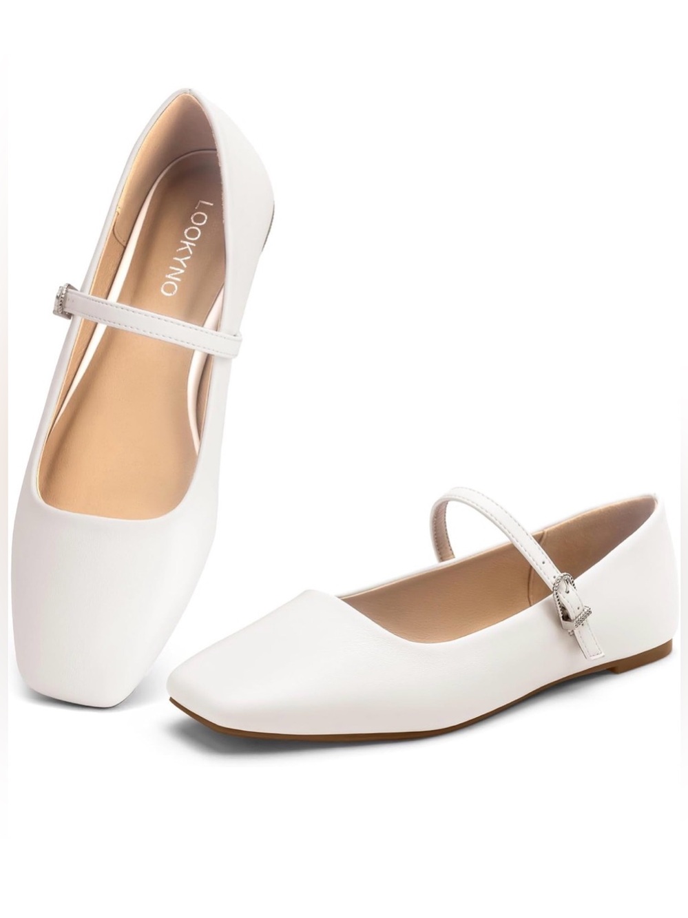 Women's White Mary Jane Flats with Square Toe